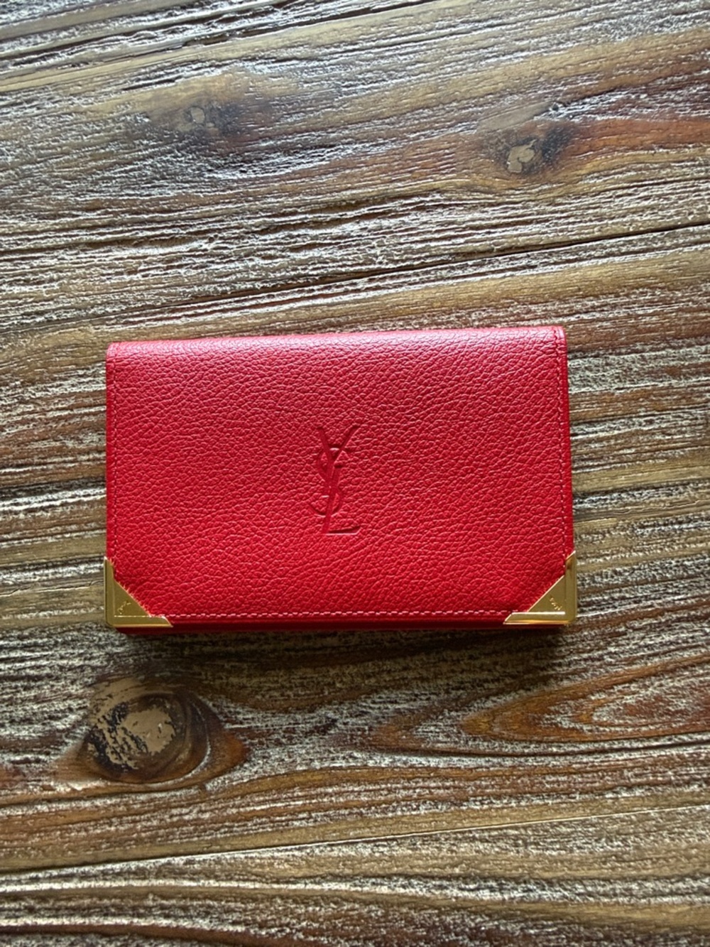 Yves Saint Laurent Red Leather Card Holder with Gold Corner Accents